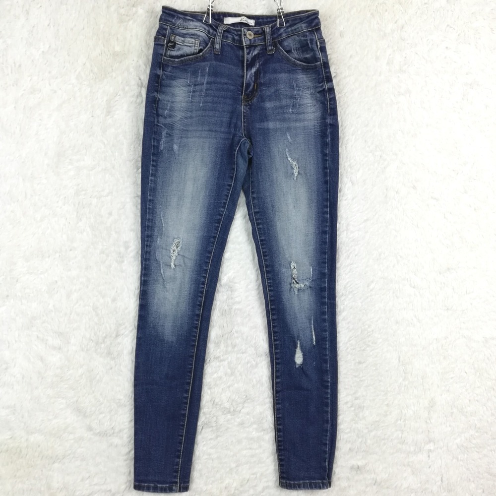 Kancan Womens Jeans Skinny Ankle Blue Denim Distressed‎ Stone Wash Mid Rise 5
